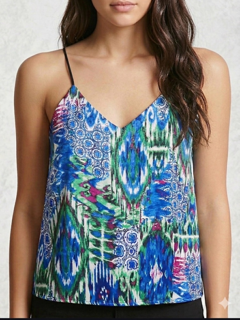 Forever 21 Blue, Green & Pink Printed Spaghetti Strap Top